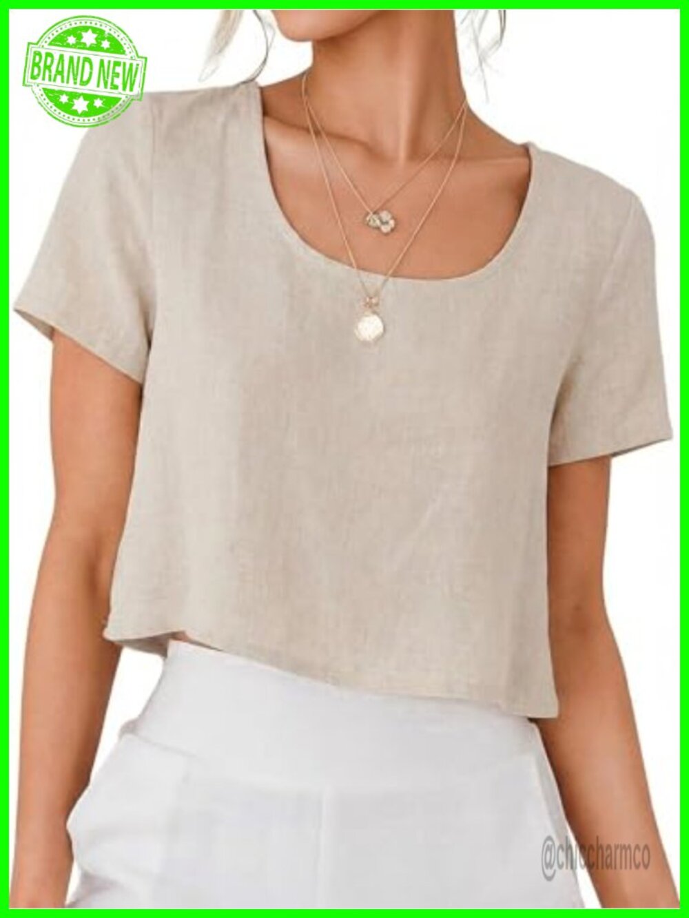 Linen Crop Short Sleeve Scoop Neck Blouse
